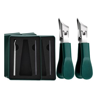 Beveled Nail Clippers for Thick Toenails: Wide Jaw Anti-Splash Toenail Clippers with Curved Blades, Green Stainless Steel Cutter Kit, 2 Set