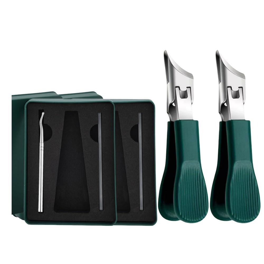 Beveled Nail Clippers for Thick Toenails: Wide Jaw Anti-Splash Toenail Clippers with Curved Blades, Green Stainless Steel Cutter Kit, 2 Set