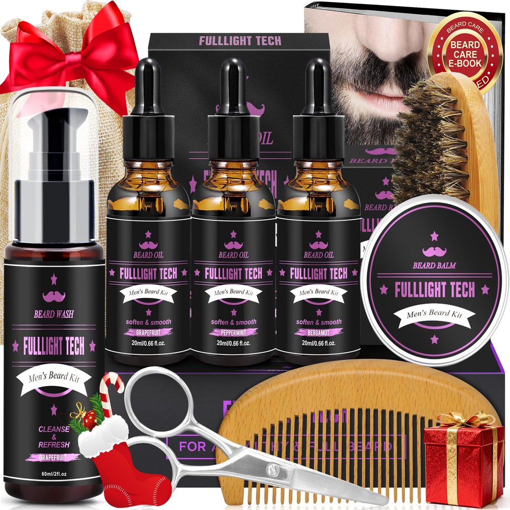Boyfriend Birthday Gifts,Beard Care Kit Includes 3 Scented Beard Oil,Grapefruit Beard Shampoo & Balm, Brush, Comb,Scissors,Cool Men Stuff Christmas Stocking Stuffers Gifts for Men Him Dad Husband