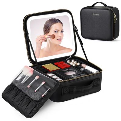 Cosmetic Storage Bag With Mirror, Travel Makeup Case With Customizable Compartments And Lighted Mirror