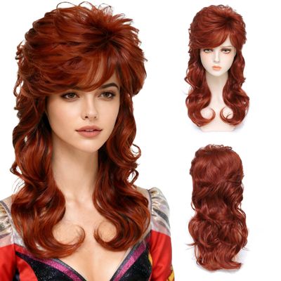 Ailsa Mullet Wig for Women - Copper Red Long Wavy Synthetic Wig with Bangs - Ginger Retro Rock Diva Costume Halloween Party Cosplay Hair (350#, 20inch)