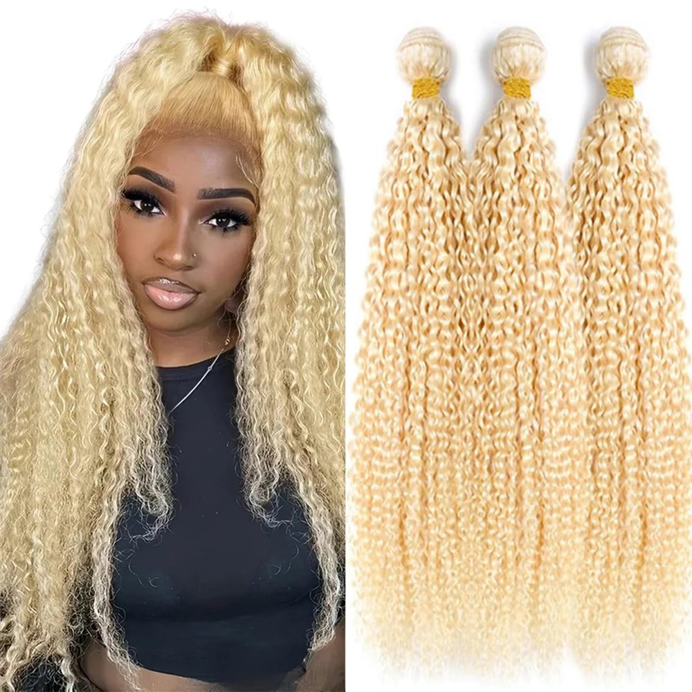 12A Blonde Bundles Human Hair 613 Bundle Unprocessed Brazilian Virgin Human Hair Curly Wave 3 Bundles 24 26 28 Inch Double Weft Weave Hair Extension for Women 300g Total