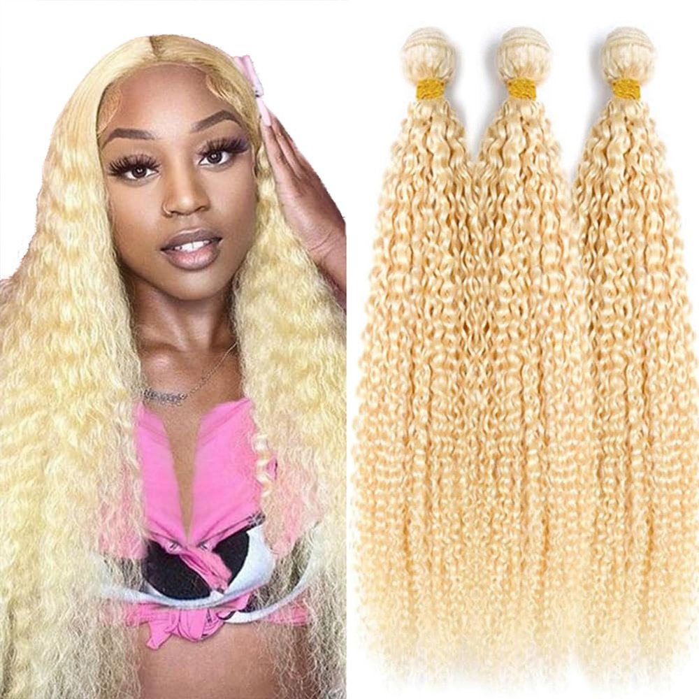 12A Blonde Bundles Human Hair 613 Bundle Unprocessed Brazilian Virgin Human Hair Curly Wave 3 Bundles 20 22 24 Inch Double Weft Weave Hair Extension for Women 300g Total