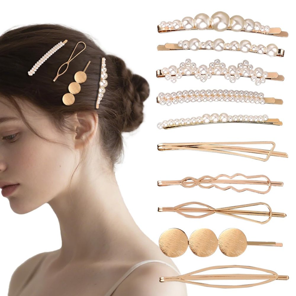 10pcs/set Gold Pearl Bobby Pins Women Girls Valentines Hair Clip Barrettes Decorative Accessories Bridal Wedding Birthday Prom Xmas Holiday Party Gift