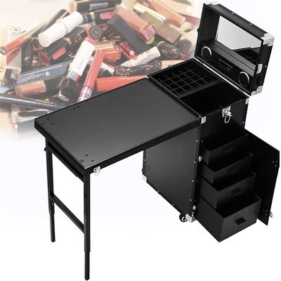 Rolling Manicure Table,Foldable Nail Table Makeup Train Case,Lockable Cosmetic Vanity Case,with Storage (Black)