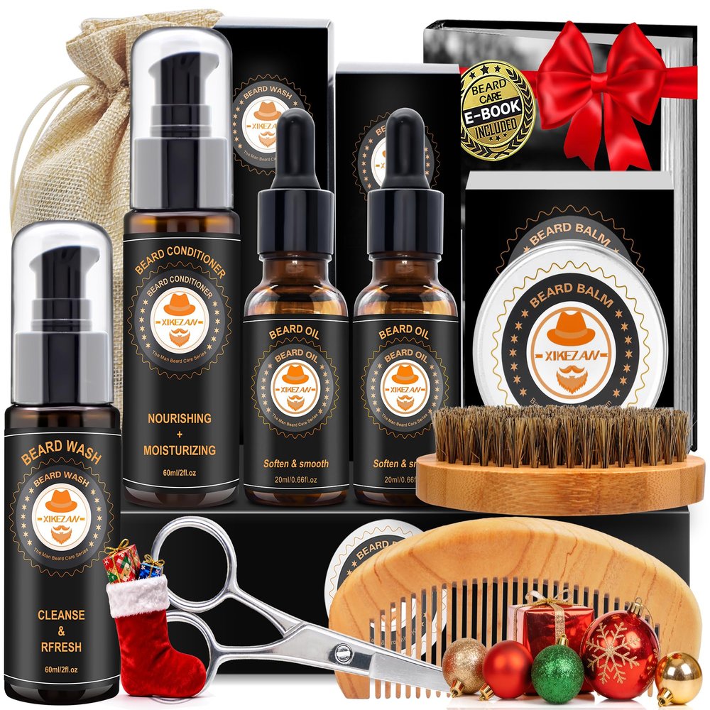 XIKEZAN Mens Gifts, Beard Grooming Kit with Sweet Orange Beard Wash,Oil, Conditioner,Balm,Brush,Comb,Cool Mens Christmas Secret Santa Gifts for Dad Husband Grandpa Boyfriend Him Stocking Stuffers