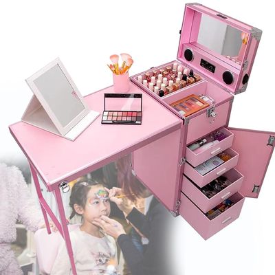 Aluminum Trolley Makeup Train Case,Portable Mobile Manicure Desk,Rolling Manicure Table,Cosmetic Storage Trolley (Pink)