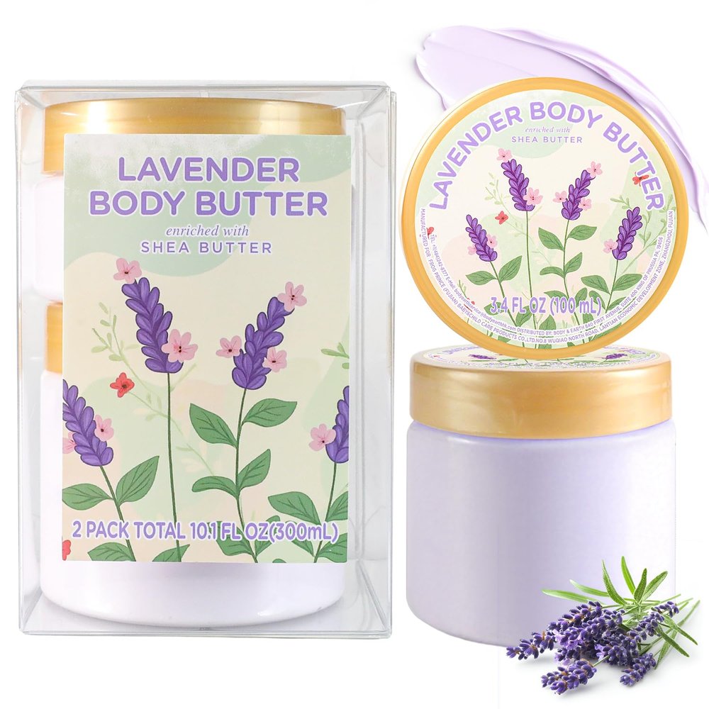 Lavender Body Butter, Natural Shea Body Butter for Dry Skin, Womens and Mens Body Care, Body Care for Deep Moisturizing and Hydrating-3.4 floz+6.8 floz