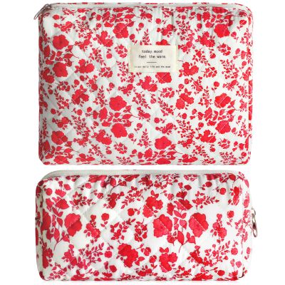 2Pcs Quilted Makeup Bag Set Flower Cute Pencil Case Large Small Travel Makeup Pouch Set for Women Coquette Makeup Bag Aesthetic Cotton Cosmetic Bag Hot Pink Toiletry Organizer Storage Bag Zipper Pouch