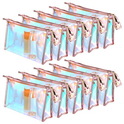 10 Pcs Iridescent Makeup Bag Clear Holographic Makeup Bag Bulk Portable Waterproof PVC Zipper Toiletry Travel Makeup Bags for Women Mother's Day Bride Bridesmaids Gifts Pink