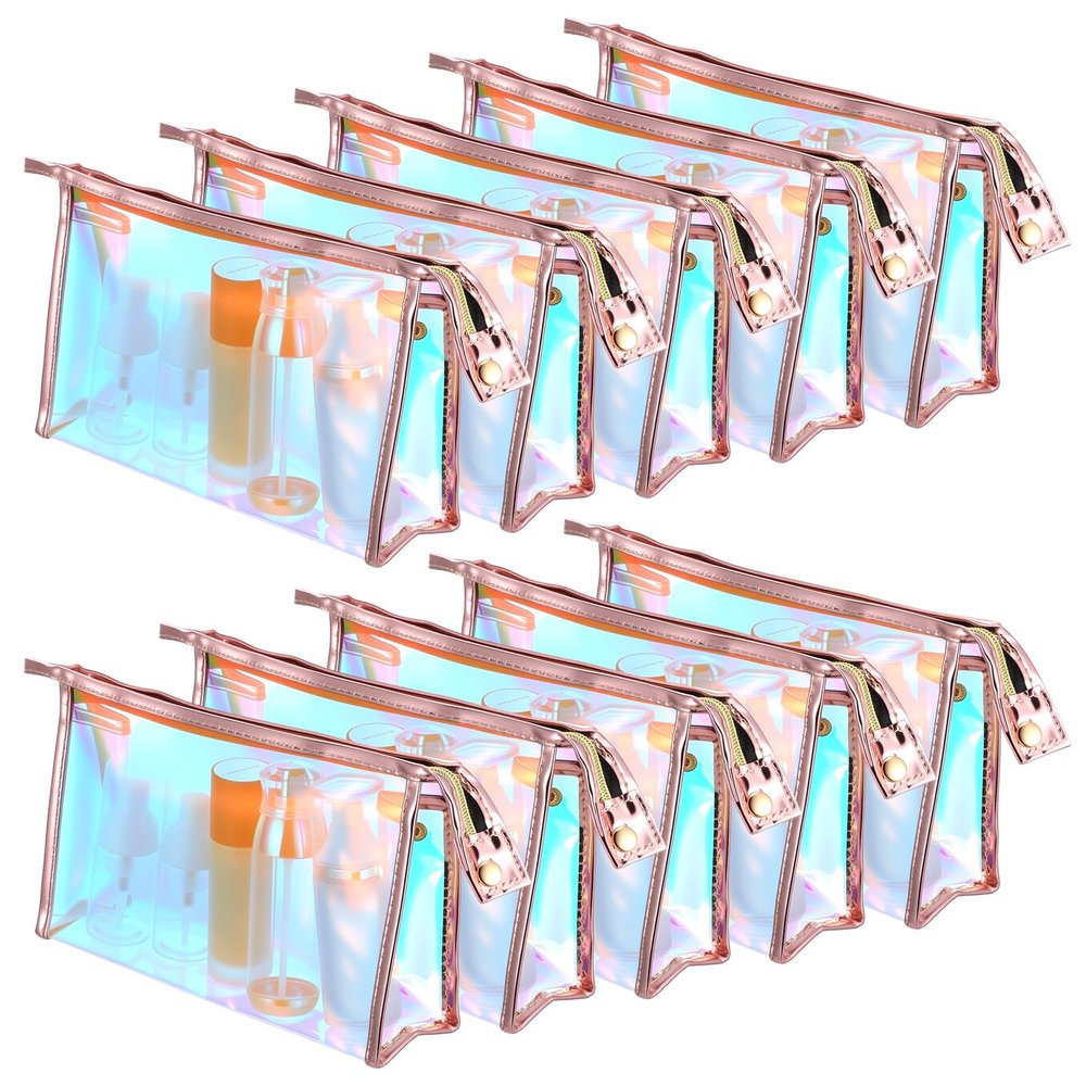 10 Pcs Iridescent Makeup Bag Clear Holographic Makeup Bag Bulk Portable Waterproof PVC Zipper Toiletry Travel Makeup Bags for Women Mother's Day Bride Bridesmaids Gifts Pink