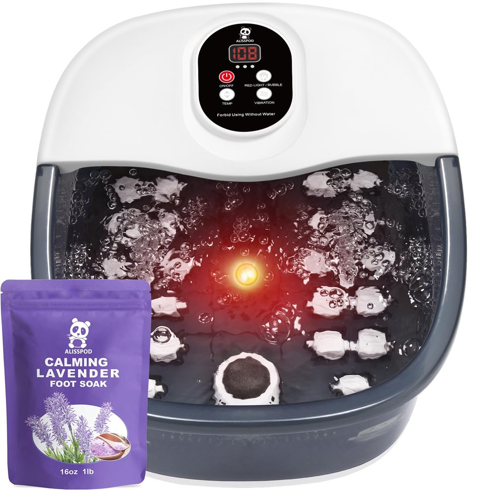 ALISSPOD Foot Spa Bath Massager with Heat Bubbles and Vibration Massage and Jets, 16 OZ Calming Lavender Foot Soak Epsom Salt, Foot Soaker with Red Light, 22 Massage Rollers, Adjustable Temp - Grey