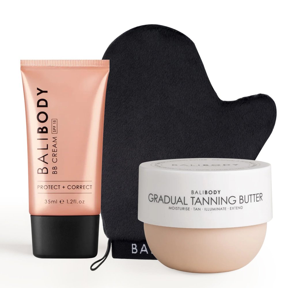 Bali Body Glow Bundle  Gradual Tanning Butter 6.76 fl oz (200 ml) + BB Cream SPF 15 Tan Shade 1.2 fl oz (35 ml) + Luxe Velvet Tanning Mitt | Streak-Free, Vegan & Cruelty-Free Kit