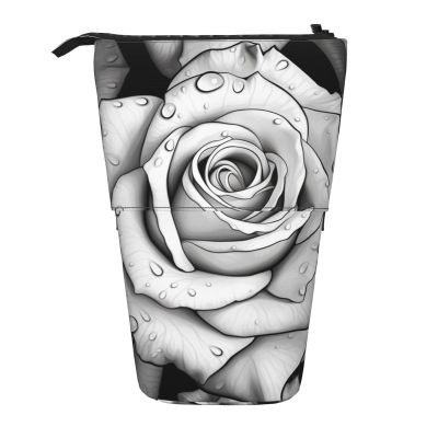 LHBWCVN Black White Rose Cosmetics Bag Standing Pencil Case Telescopic Pencil Bag Portable Pencil Holder Cute Stand up Pencil Pouch for Women Men Travel Coin Pouch Purse