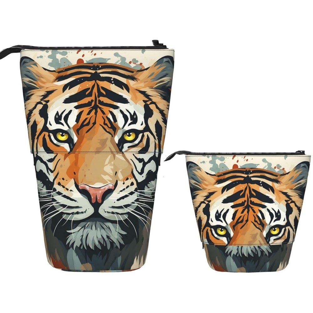 FZQVSLCM Telescopic Pencil Case Year of the Tiger Face Standing Pen Holder Pop Up Pencil Pouch Cute Stand up Cosmetics Bag Travel Makeup Bag Portable Toiletry Bag for Women Men Office Supplies