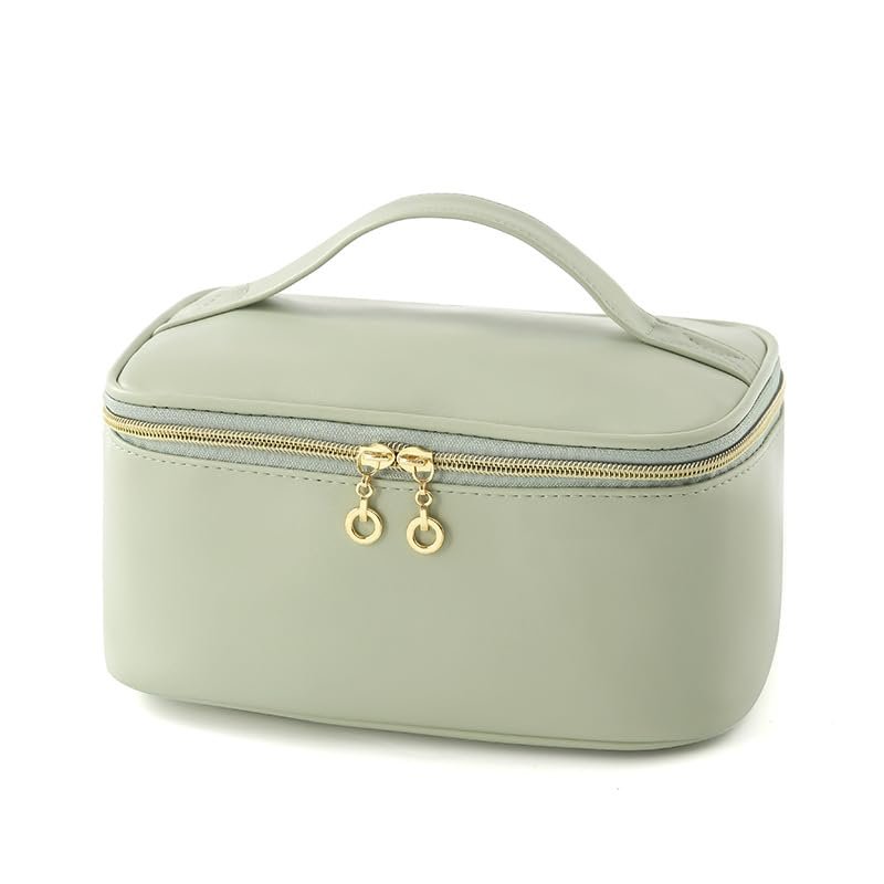Ladies' portable travel hand-held toiletry bag, makeup bag, flat-opening portable storage bag for cosmetics, waterproof toiletry bag, standing independent brush holder for easy access (green)