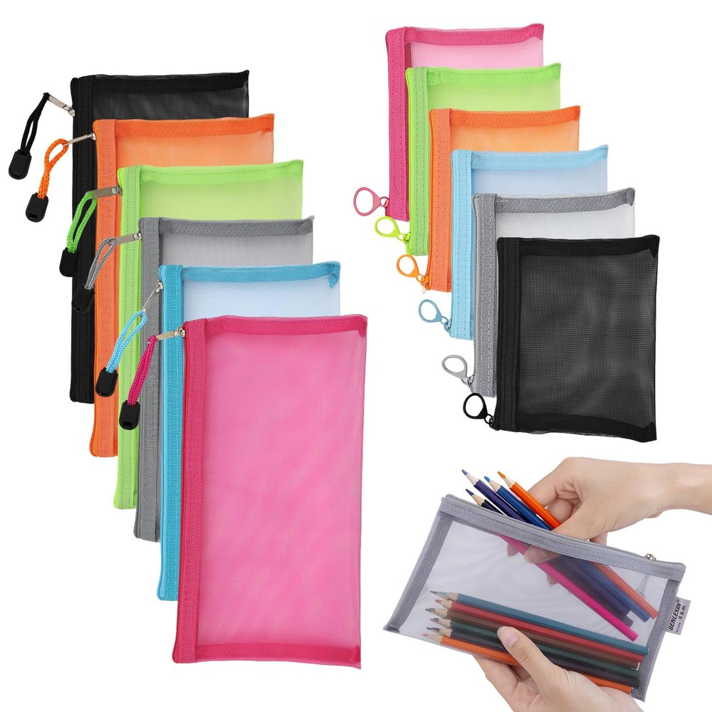 12 Pack Mesh Zipper Pouch Bags, Nylon Mesh Purse Organizer Pouches Portable Travel Pouch Zippered Pencil Pouches Small Cosmetic Bag Diaper Bag Organizer(Gray,Black,Green,Orange,Rose,Red,Light Blue)