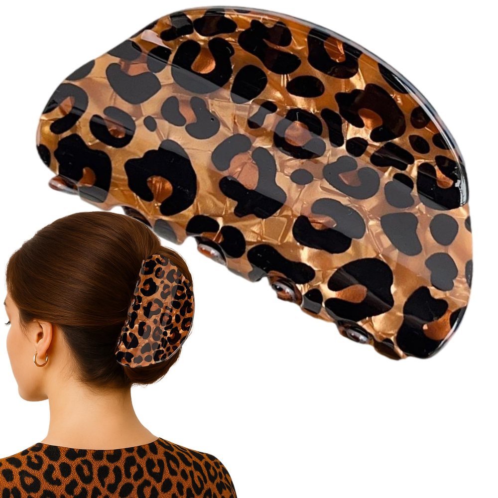JazSwirl Leopard Print Hair Claw Clip for Women, 4 x 2.1 In Acrylic Leopard and Cheetah Claw Clip, Brown Cheetah Hair Clip for Ponytails Buns Thick Hair (Brown Half-Moon)