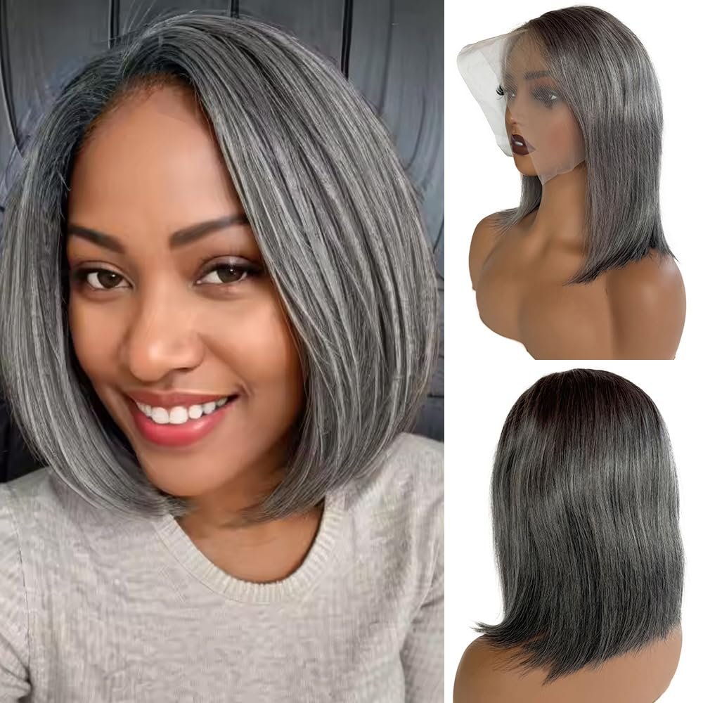 12 Inch Grey Salt & Pepper Bob Wigs Human Hair for Women 13x6 HD Lace Front Wig Human Hair Pre Plucked Pre Cut Glueless Straight Silky Short Bob Wigs with Baby Hair 180% Density 6 Inch Deep Parting