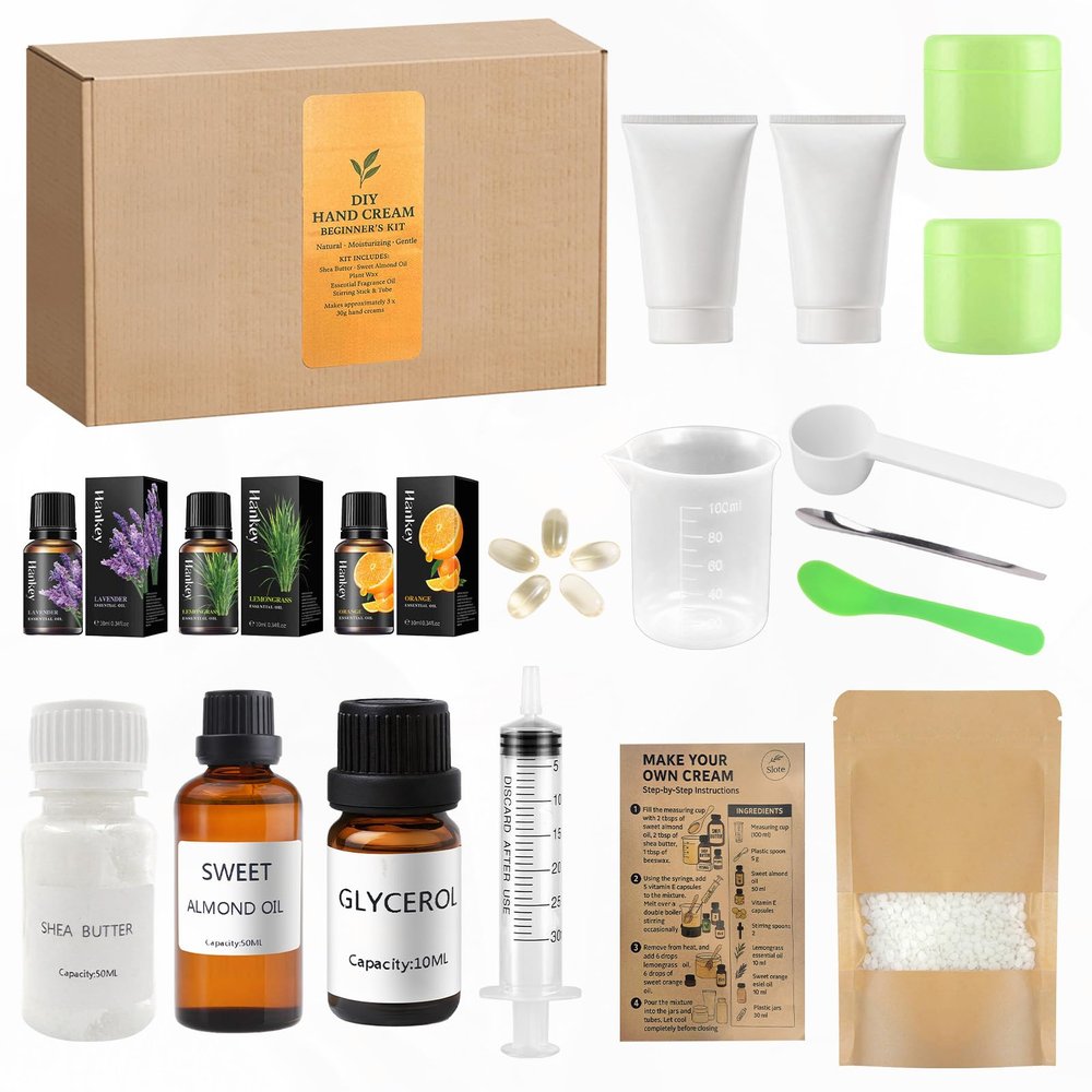 DIY Hand Cream Kit  Make 2 Custom Natural Hand Creams | Starter Set with Shea Butter Base, Essential Oils, Jars & Labels | Gift for Women, Teens, Beginners