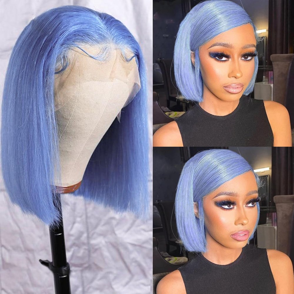 13x6 Blunt Cut Glueless Bob Wig Deep Part HD Lace Frontal Human Hair Wigs for Black Women 180% Density Light Blue Colored Human Hair Bob Lace Front Wigs 12 Inch Pre Plucked