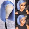 13x6 Blunt Cut Glueless Bob Wig Deep Part HD Lace Frontal Human Hair Wigs for Black Women 180% Density Light Blue Colored Human Hair Bob Lace Front Wigs 12 Inch Pre Plucked view 1