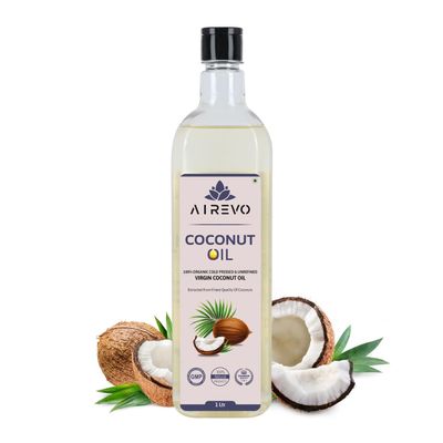 AIREVO 100% Organic Wood Pressed Coconut Oil - Unrefined, Natural & Chemical-Free - Kolhu/Kacchi Ghani/Chekku - Ideal for Hair, Skin Care, & Baby Massage Coconuts (1000ML)