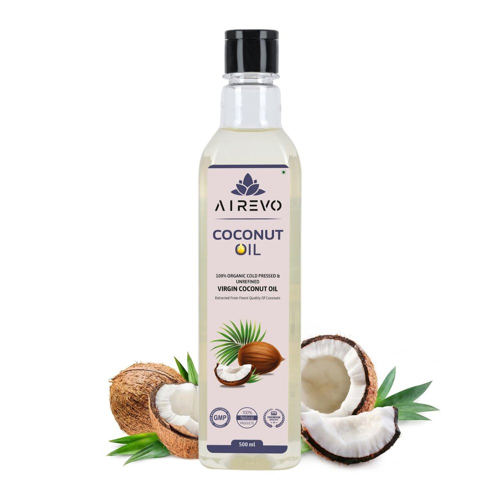 AIREVO 100% Organic Wood Pressed Coconut Oil - Unrefined, Natural & Chemical-Free - Kolhu/Kacchi Ghani/Chekku - Ideal for Hair, Skin Care, & Baby Massage Coconuts (500ML)