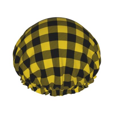 Classic Yellow Buffalo Plaid Print Shower Caps for Women, Reusable Double Layers Elastic Band Long Hair Bath Caps for Shower