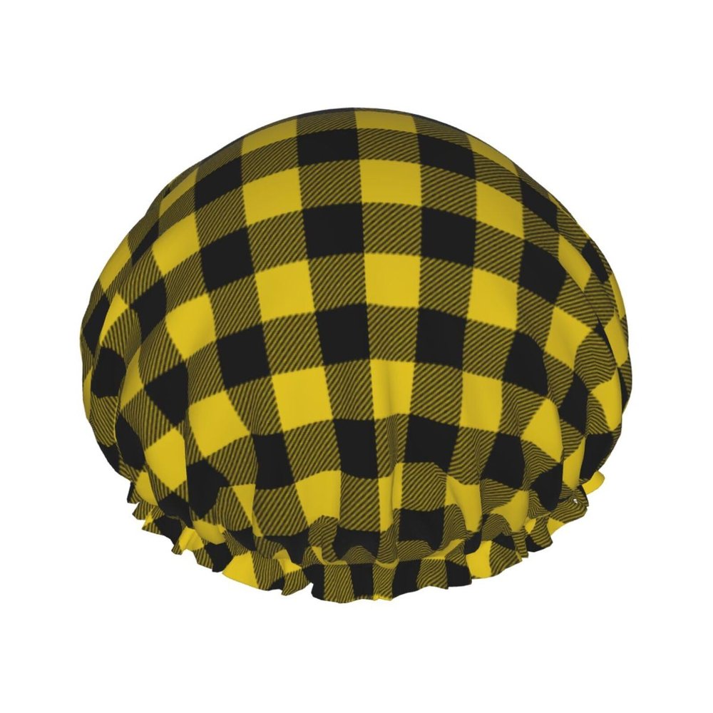 Classic Yellow Buffalo Plaid Print Shower Caps for Women, Reusable Double Layers Elastic Band Long Hair Bath Caps for Shower