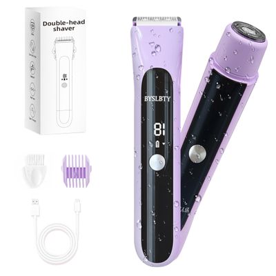 2 in 1 Bikini Trimmer for Women Dual Head Electric Shaver with LED Display,IPX7 Waterproof Wet & Dry, Painless Shaver for Underarm Leg Arm Body Face Private Area Purple