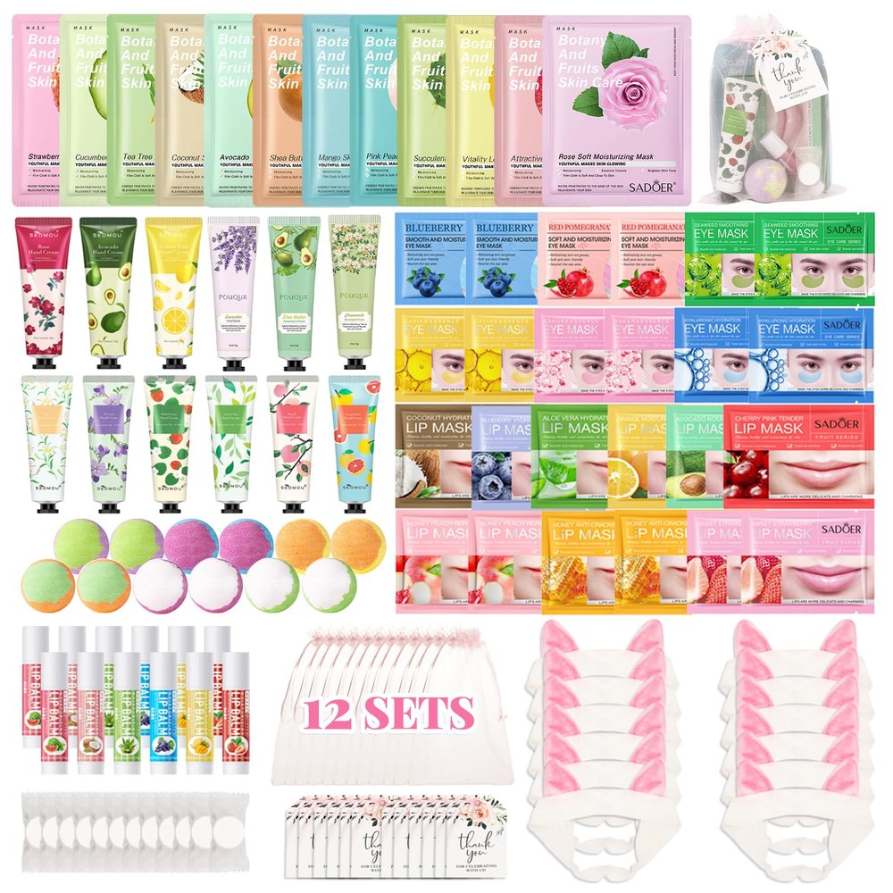 120 PCS Spa Party Supplies for Girls, Sleepover Party Supplies for Girls, Skincare Set, Include Face & Lip Masks, Foot Bath Bombs, Hand Cream, Lip Balm, Under Eye Patches, Spa Birthday Party Favors