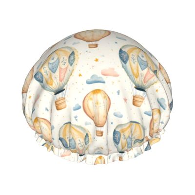Retro Hot Air Balloon A Print Shower Caps for Women, Reusable Double Layers Elastic Band Long Hair Bath Caps for Shower