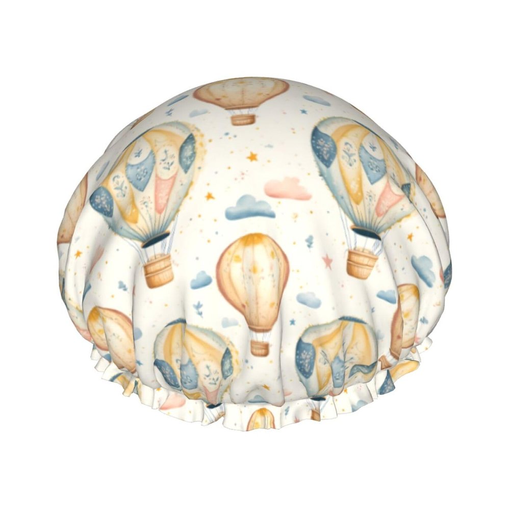 Retro Hot Air Balloon A Print Shower Caps for Women, Reusable Double Layers Elastic Band Long Hair Bath Caps for Shower