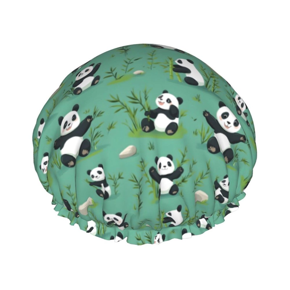 Cute Panda Cartoon Print Shower Caps for Women, Reusable Double Layers Elastic Band Long Hair Bath Caps for Shower