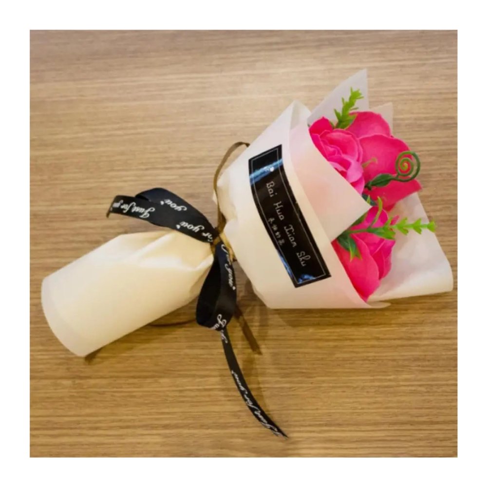 3 Heads Mi~i Artificial Rose Bouquet Hand Holding Soap Flower Valentine Day Gift Gift Box Decoration Women Girl Bath Facial Soap(Dark Pink)