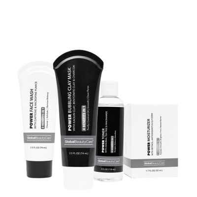 Global Beauty Care Multi-Benefit Power Skincare 4-piece Set Face Wash 2.5oz, Toner 4oz, Moisturizer 1.7oz, Bubbling Clay Mask 2.5oz with Caffeine, Niacinamide, Retinol, Antioxidants And Charcoal