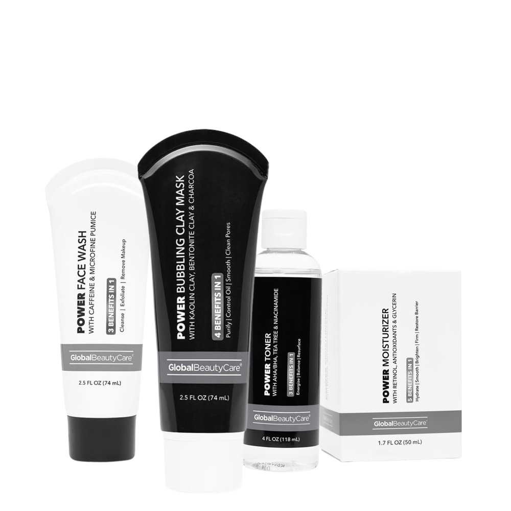 Global Beauty Care Multi-Benefit Power Skincare 4-piece Set  Face Wash 2.5oz, Toner 4oz, Moisturizer 1.7oz, Bubbling Clay Mask 2.5oz  with Caffeine, Niacinamide, Retinol, Antioxidants And Charcoal