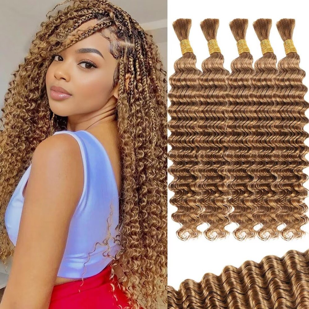 12A #27 Honey Blonde Human Braiding Hair for Boho Braids 5 Bundles 14 Inch 160g Deep Wave Braiding Hair for Bohemian Knotless Braids 100% Unprocessed Virgin Bulk Hair Extensions No Weft