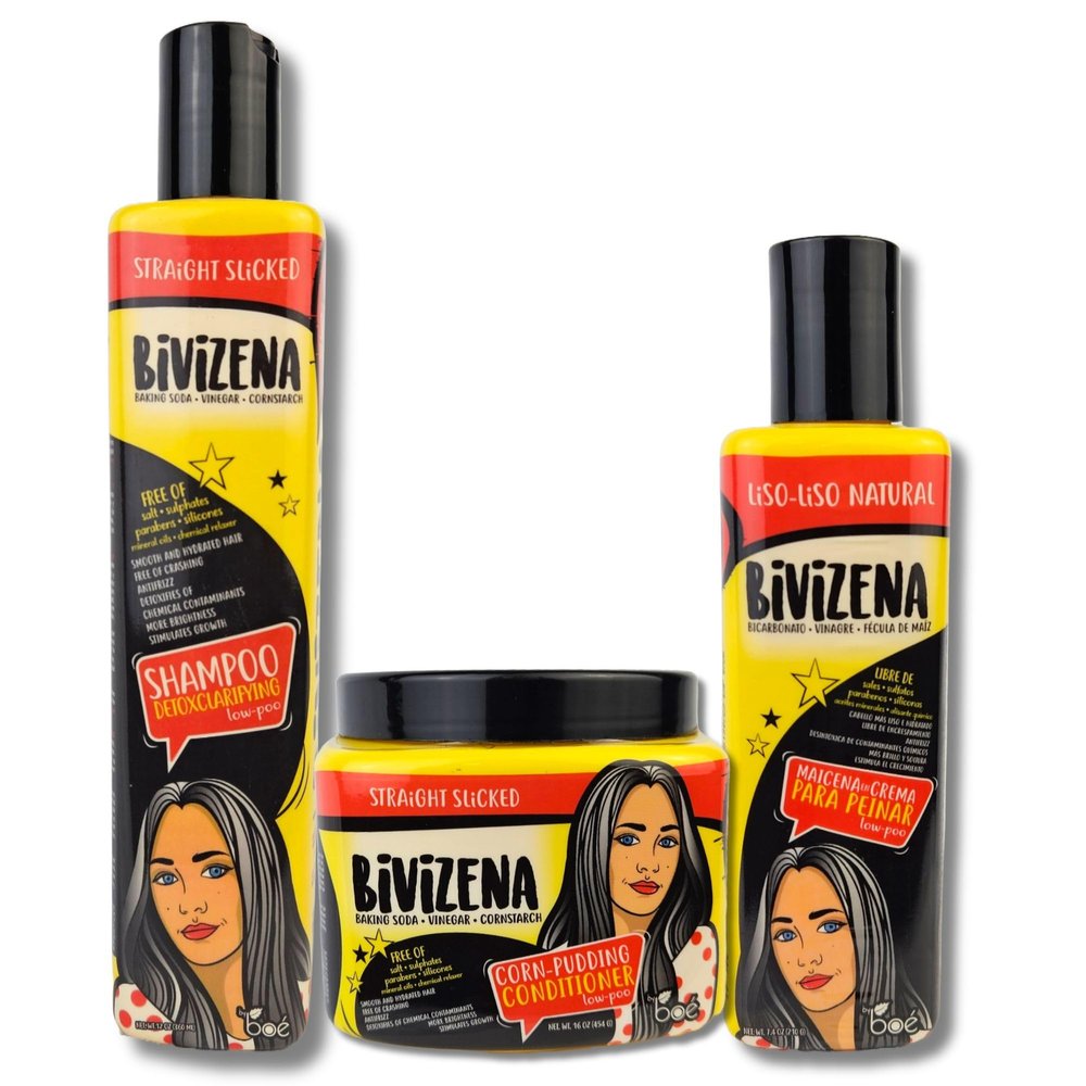 Bivizena Trio Pack Cornstarch Low-Poo Leave-In 7.4 oz + Corn Pudding Conditioner 16 oz + Detox Clarifying Shampoo 12 oz Anti-Frizz, Smoothing & Hair Growth Booster Sulfate-Free