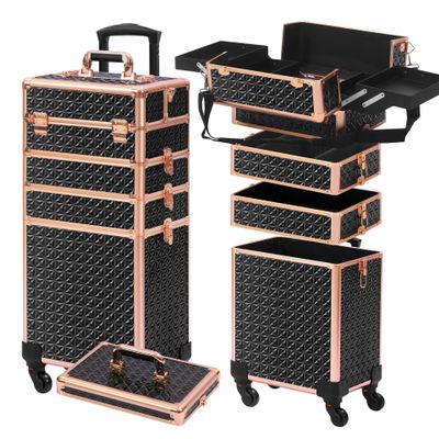 5 in 1 Aluminum Trolley Case with 360 Rotation Wheels with Lock and Key Diamond Pattern Make Up Organizer-black