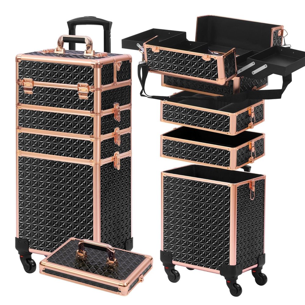 5 in 1 Aluminum Trolley Case with 360 Rotation Wheels with Lock and Key Diamond Pattern Make Up Organizer-black