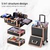 5 in 1 Aluminum Trolley Case with 360 Rotation Wheels with Lock and Key Diamond Pattern Make Up Organizer-black view 3