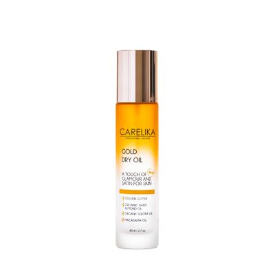 CARELIKA Gold Shimmer Dry Oil for Body & Hair Nourishing Glow with Organic Jojoba, Argan, Macadamia & Almond Oils Hydrating, Non-Greasy Formula for Radiant, Silky Skin 80ml