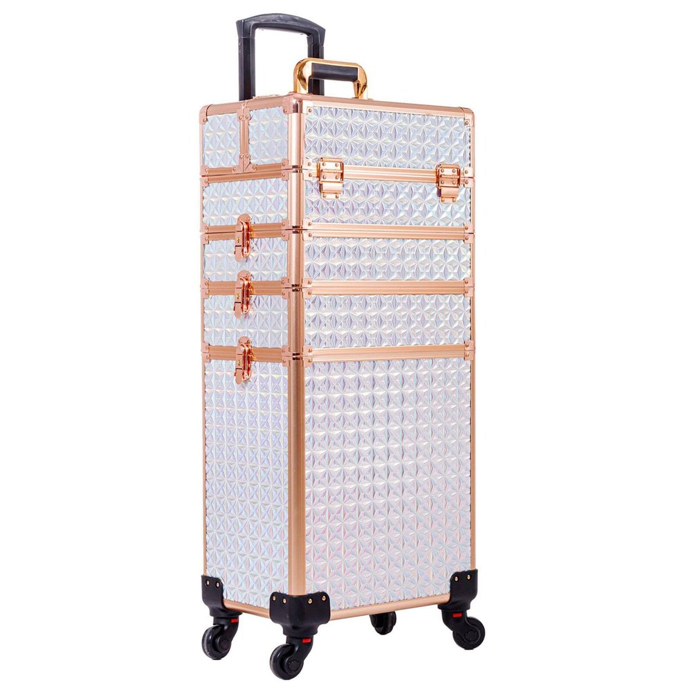 5 in 1 Aluminum Trolley Case with 360 Rotation Wheels with Lock and Key Diamond Pattern Make Up Organizer
