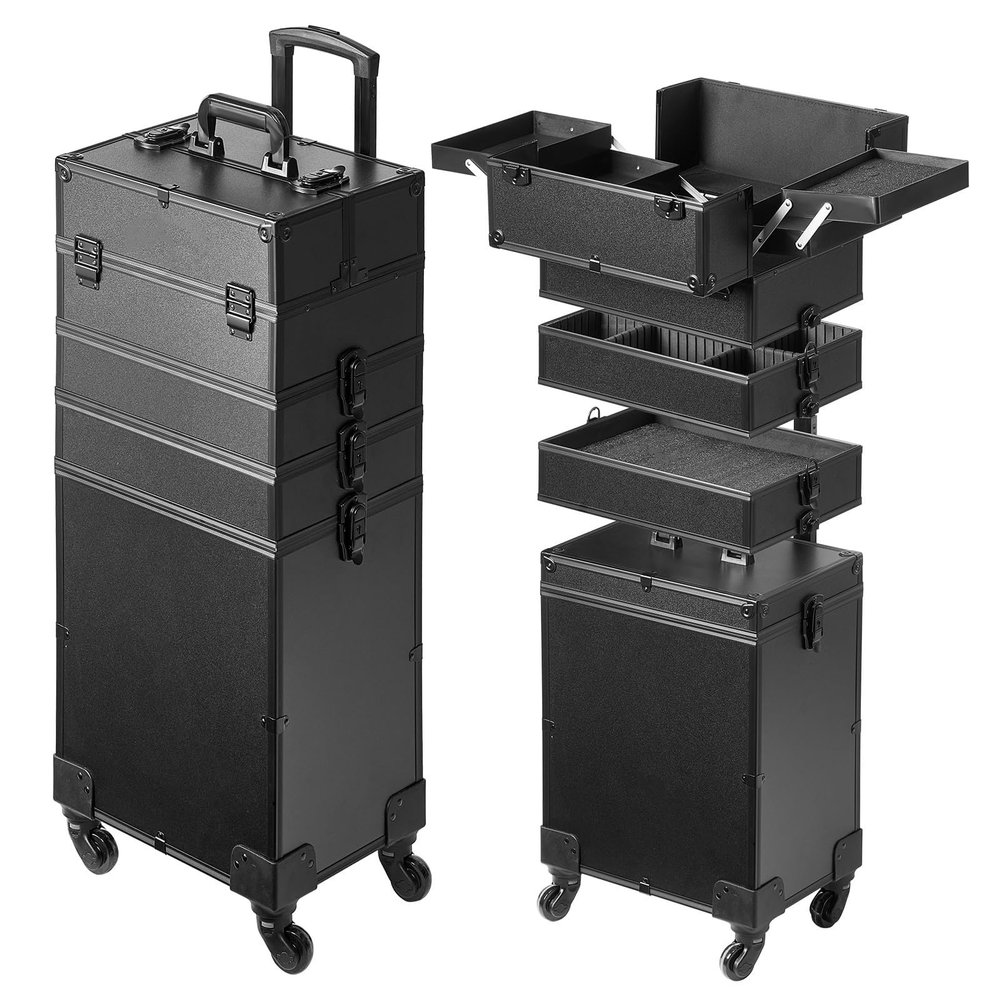 5 in 1 Aluminum Trolley Case with 360 Rotation Wheels with Lock and Key Diamond Pattern Make Up Organizer