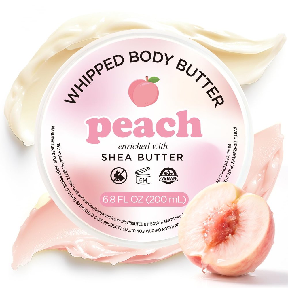 puresoak bath Peach Whipped Shea Body Butter, Natural Whipped Shea Butter for Women Dry Skin, Peach Scented Body Care, Gentle Hydration with Long Lasting Moisture 6.8 floz
