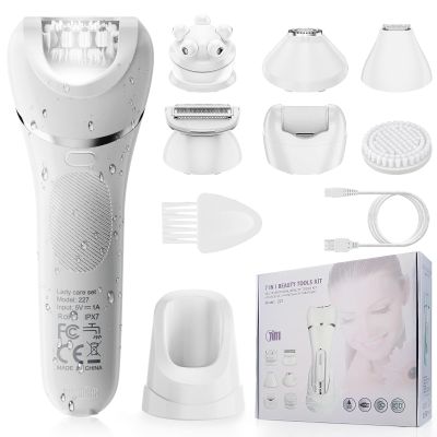 Qreeyx Epilator for Women, 7 in 1 Epilator Hair Removal for Women, Shaver, Bikini, Face Razor, Facial Brush, Face Massage and Body Exfoliator, Waterproof Painless Lady Shaver (White 227)