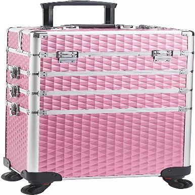 5 in 1 Aluminum Trolley Case with 360 Rotation Wheels with Lock and Key Diamond Pattern Make Up Organizer