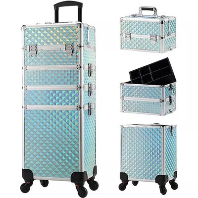 5 in 1 Aluminum Trolley Case with 360 Rotation Wheels with Lock and Key Diamond Pattern Make Up Organizer-blue